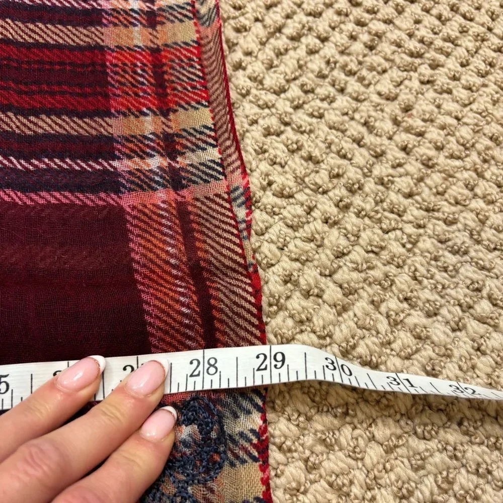 Ladies Lucky Brand Red‎ and Blue Plaid Wool Fringe End Scarf with Embroidery